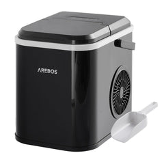 Arebos IJsblokjesmachine, 12 kg/24 uur, ijsblokjesmaker R600a, 8 ijsblokjes in 10 minuten, tank van 1,1 l, zelfreinigend en stil, incl. schep en houder, ijsblokjesmaker met kijkvenster, zwart