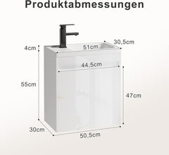 UEV Wastafel met onderkast, 50,5 cm, gasten-wc, wastafel, wastafel met onderkast, hangende wastafel, badkamermeubelset voor badkamer, wit