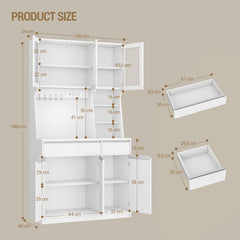 Hzuaneri Keukenkast, dressoir, commode keuken met stopcontacten en led-lichtstrips, met werkbladen en twee laden, verstelbare planken, keuken, 40 x 100 x 180 cm, wit, PT00103XEU