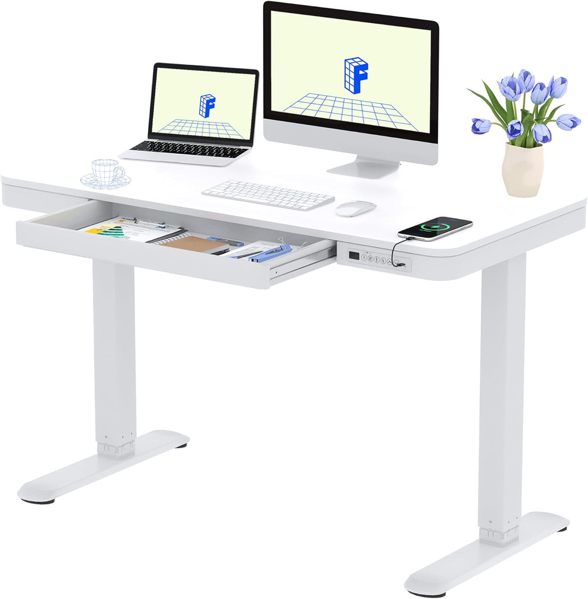 FLEXISPOT Q3 In hoogte verstelbaar bureau met led-hoogteweergave, geheugenfunctie en USB, elektrisch bureau met lade voor thuiskantoor, 120 x 60 cm (elegant wit)
