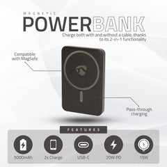 powerbank - 5000 mAh - draadloos opladen - 1.67/2.22/3.0 A - Aantal uitgangen: 1 - Uitgangspoort: 1x USB-C - ingangsverbinding: 1x USB-C - PD3.0 20W - lithium-polymeer