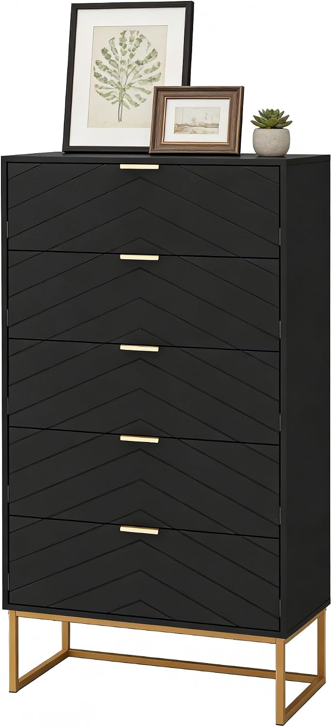 UEV Commode met 5 laden, ladekast smal 60x34x110cm, met kantelbeveiliging en metalen voet, zwart