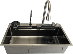 Fockety onderbouwkeukenspoelbak, 31,5 x 17,7 inch dubbele roestvrijstalen spoelbak met waterval, kraancombinatie, kopjesspoelbak en digitaal display, werkstationspoelbakken voor bar, thuis •