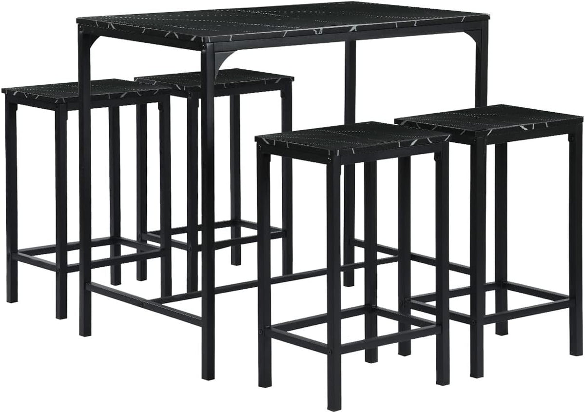 buybyroom Set van 5 marmeren eettafel met 4 barkrukken, 100 x 60 x 90 cm, bartafel met barkruk, keukentafel, keukenstoelen, zwart