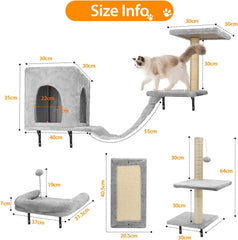 Klimwand katten 6-delige set, 2 kattenhuisjes met stabiele krabzuilen - Nobleza