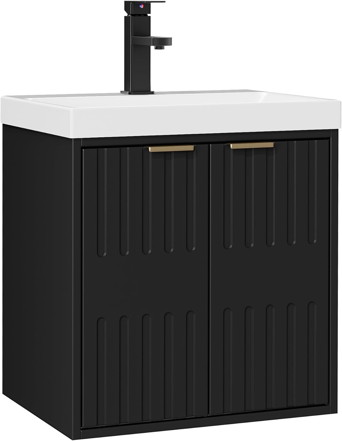UEV Wastafel met onderkast, hangend, 49 cm, kleine wastafel voor gasten, wastafel met kraan, hangende wastafel, wastafel voldoende opbergruimte, badkamermeubelset voor badkamer, zwart