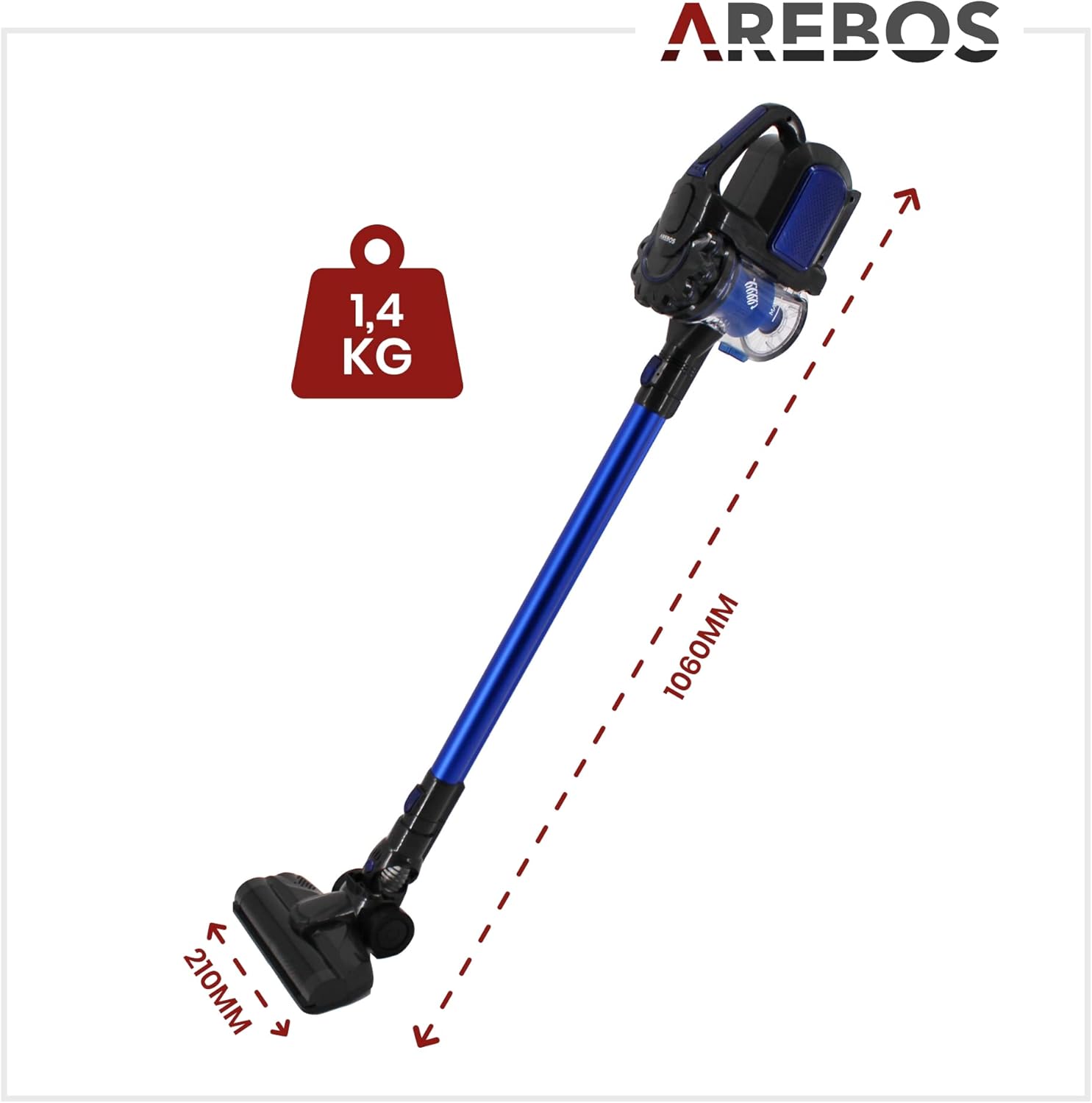 Arebos Accu-handstofzuiger, 2-in-1 hand- en vloerstofzuiger, 2 krachtige zuigmodi, zonder zak, draadloos tot 55 minuten, met wandlaadstation, blauw •