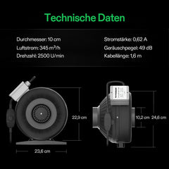 VIVOSUN Z4 Inline Kanaalventilator 100 mm Afzuigventilator met Snelheidsregelaar | 345 m³/h Luchtstroom, Variabele Snelheidsregeling, Ideaal voor Kweektenten, Planttenten en Binnentuinen