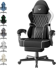 Ferghana Gaming stoel, ergonomisch, bureaustoel van stof, pvc-leer, gamerstoel met verstelbare hoofdsteun, lendenkussen, armleuningen, voetsteun, pc-stoel voor kantoor gaming (zwart/wit, pvc-leer)