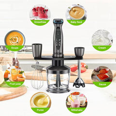 SPZTJK Handmixer, 7-in-1 staafmixer, handmixer met 12 snelheidsstanden, roestvrijstalen mes, mengbeker van 600 ml, hakmolen van 500 ml, garde en melkschuimer