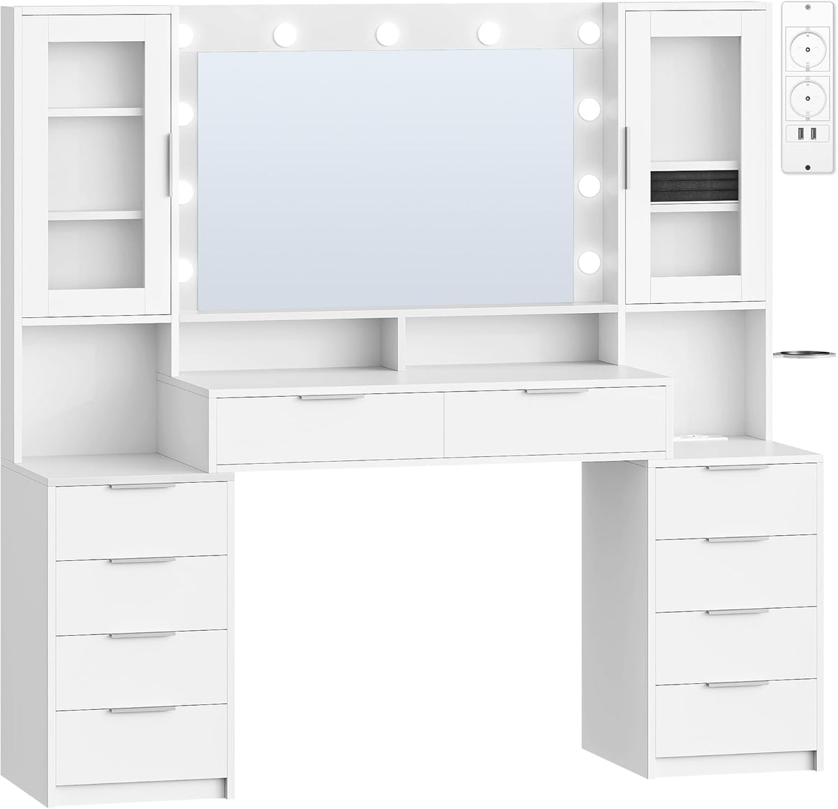 Hzuaneri DT43703XEU Grote make-uptafel met ledverlichting en stekkerdoos, 150 cm, make-uptafel met spiegel, driekleurige lichtinstelling, 10 laden, sieradenopslag, wit-zilver