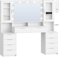 Hzuaneri DT43703XEU Grote make-uptafel met ledverlichting en stekkerdoos, 150 cm, make-uptafel met spiegel, driekleurige lichtinstelling, 10 laden, sieradenopslag, wit-zilver