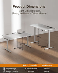 HLDIRECT Elektrisch staand bureau met stopcontacten, 100x60cm, wit, 60kg