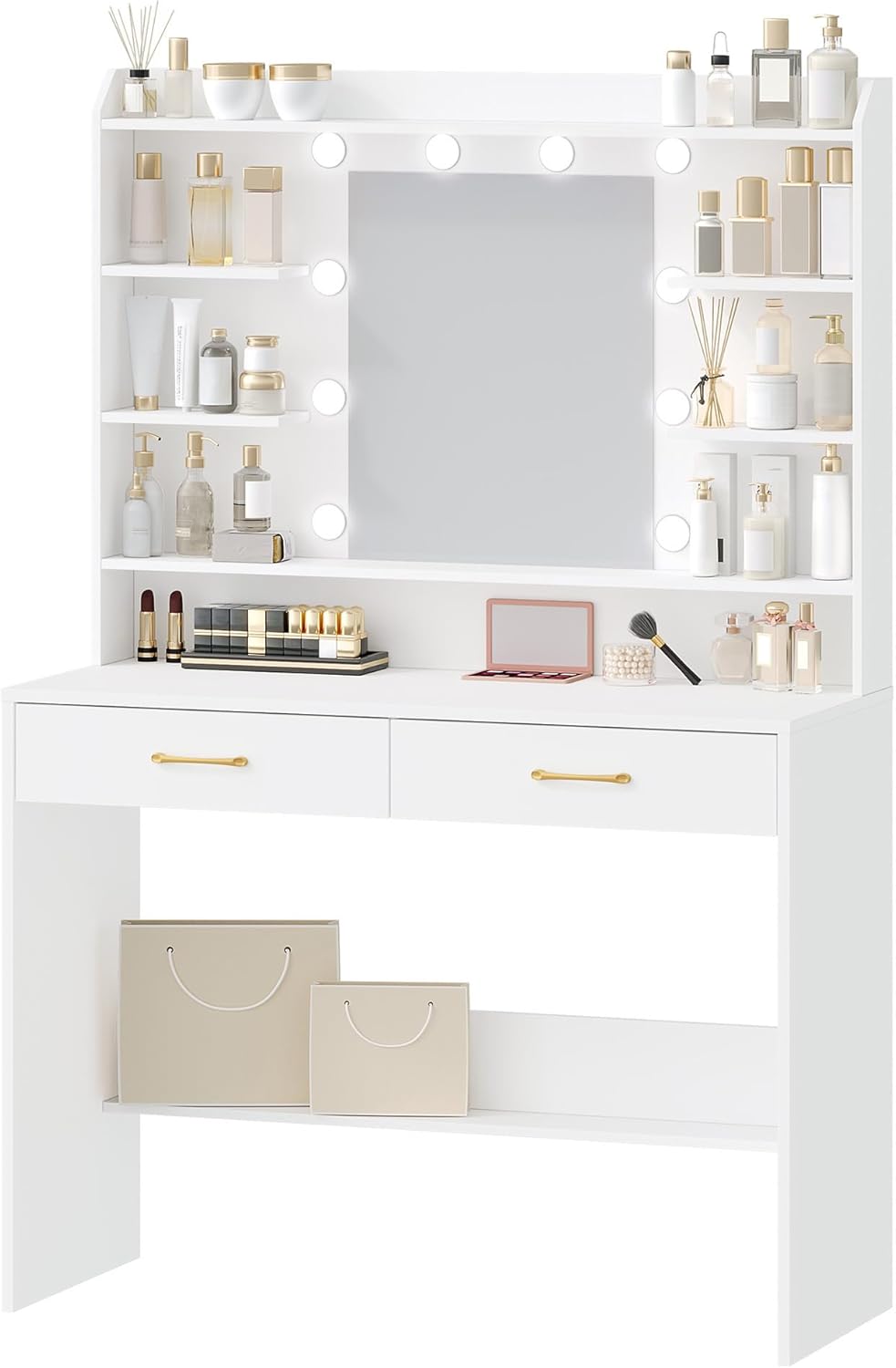 Hzuaneri Make-uptafel met spiegel, make-uptafel met legplanken en 2 laden, voor slaapkamer en woonkamer, verstelbare helderheid, 40 x 100 x 149 cm, wit DT38703X
