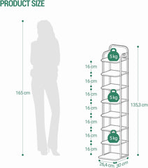 Hzuaneri SR04301B Verticaal schoenenrek, 8 verdiepingen, schoenentoren voor kleine ruimtes, vrijstaand, verstelbaar, ruimtebesparend, bruin en zwart