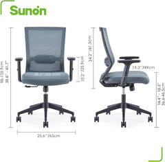 Sunon Bureaustoel, directiestoel, ergonomische bureaustoel, draaistoel met stille rol, ademend netweefsel, managersstoel met verstelbare armleuningen, zithoogteverstelling, grijs