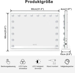 Dripex Hollywood Make-upspiegel met verlichting, make-upspiegel met 18 lampen en 3 kleurtemperatuurverlichting, make-upspiegel met touch-bediening, 80 x 60 cm, wit, opstelling of wandmontage