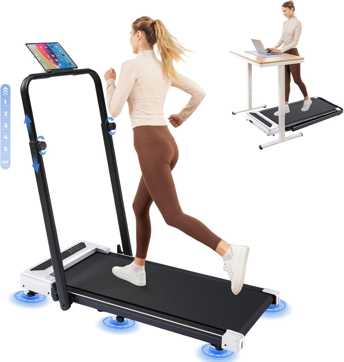 GTPLAYER Loopband met in hoogte verstelbare handgreep, 3 pk, stille, opvouwbare loopband voor onder het bureau, draagbare loopband voor thuisgebruik, maximaal 159 kg (350 lbs), met afstandsbediening en LED-display