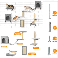 Klimwand katten 6-delige set, 2 kattenhuisjes met stabiele krabzuilen - Nobleza