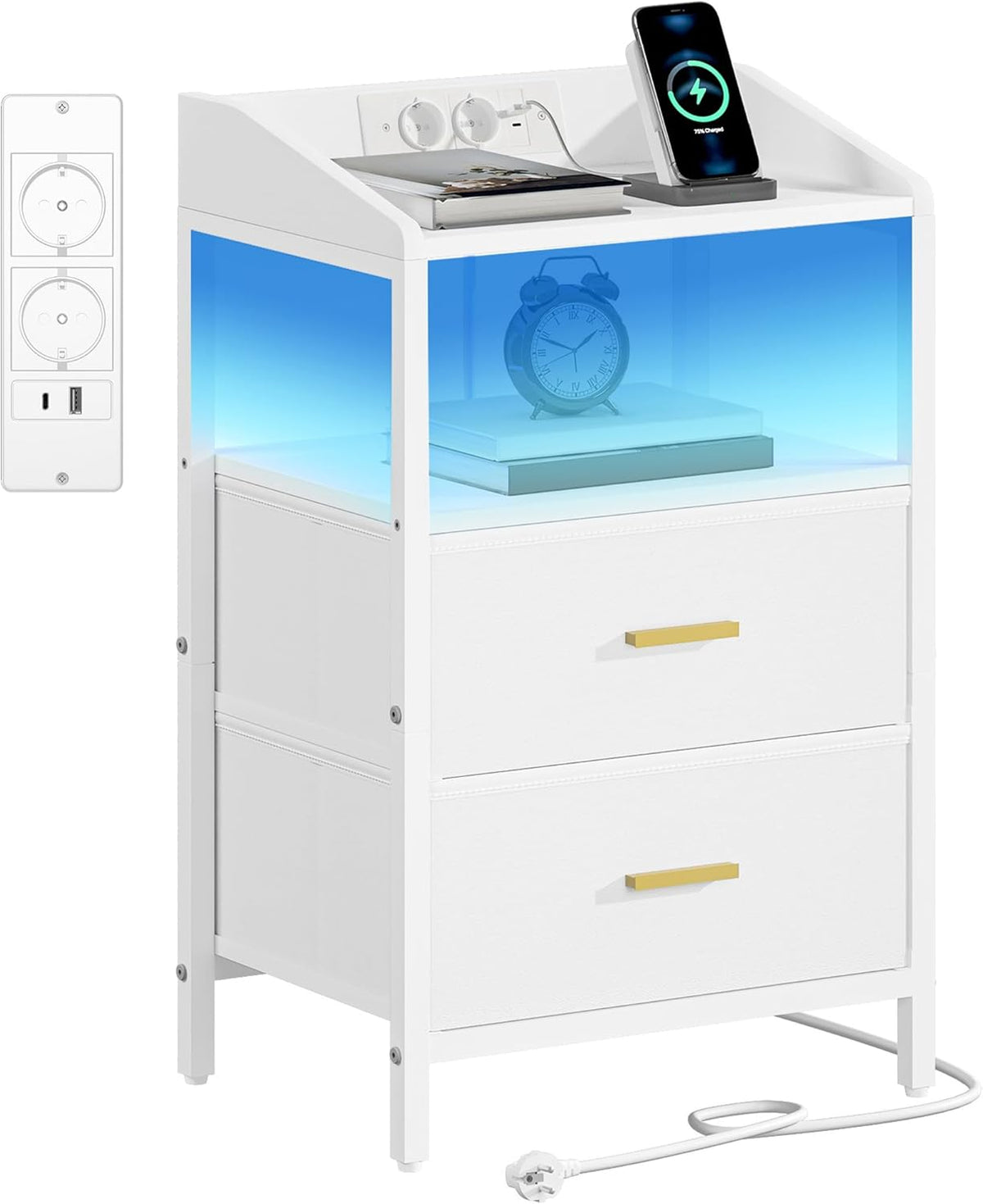 Hzuaneri Nachtkastje met ledlampen en oplaadfunctie, bijzettafel met 2 stoffen laden met USB-poorten en stopcontacten, voor slaapkamer, woonkamer, wit NS36113W