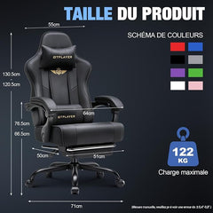 GTPLAYER Ergonomische gamingstoel met voetensteun, hoofdsteun en lendensteun, in hoogte verstelbaar, gevoerd, 180 kg, zwart
