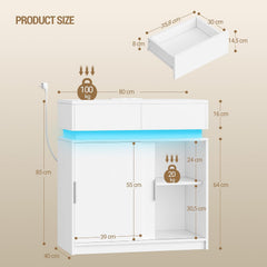 Hzuaneri Sideboard met 2 laden, keukenkast met 2 schuifdeuren, Buffetkast met stekkerdoos en ledlicht, verstelbare plank, keuken, woonkamer, 40 x 80 x 85 cm, wit SC00203XEU
