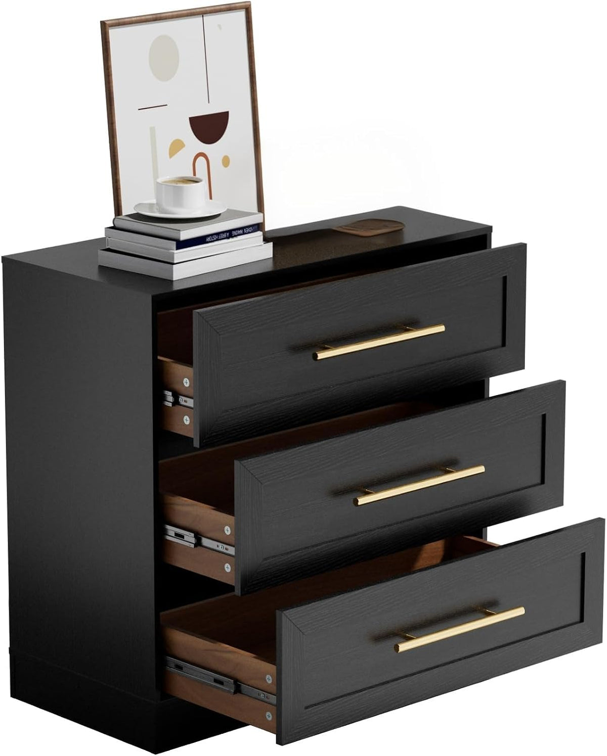 UEV Commode met 3 lades, opbergkast, moderne kast, dressoir met lades, smalle commode, kast voor woonkamer, slaapkamer, hal, zwart