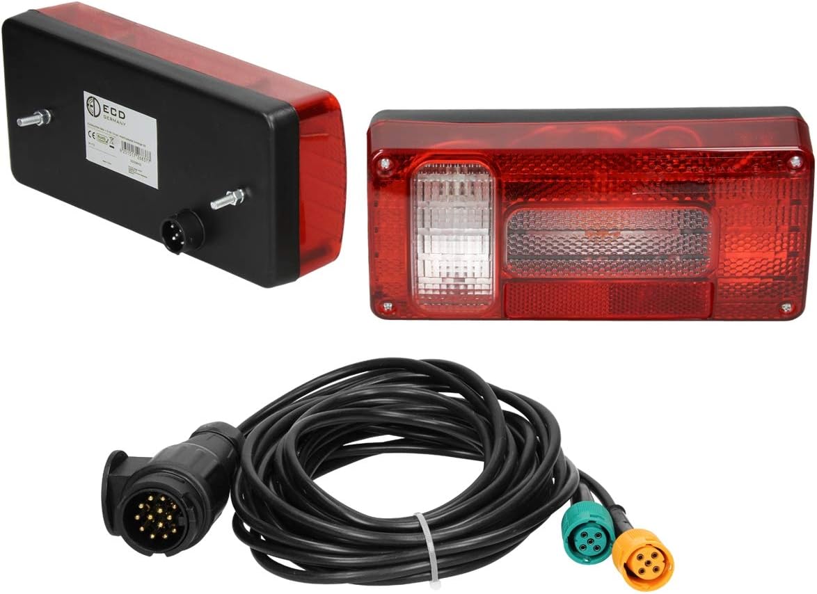 ECD Germany Set achterlichten voor aanhangers, 12 V, met E4-keurmerk, bedraad met 13-polige stekker, 5 m kabel, waterdicht, achterlicht voor aanhangerverlichting