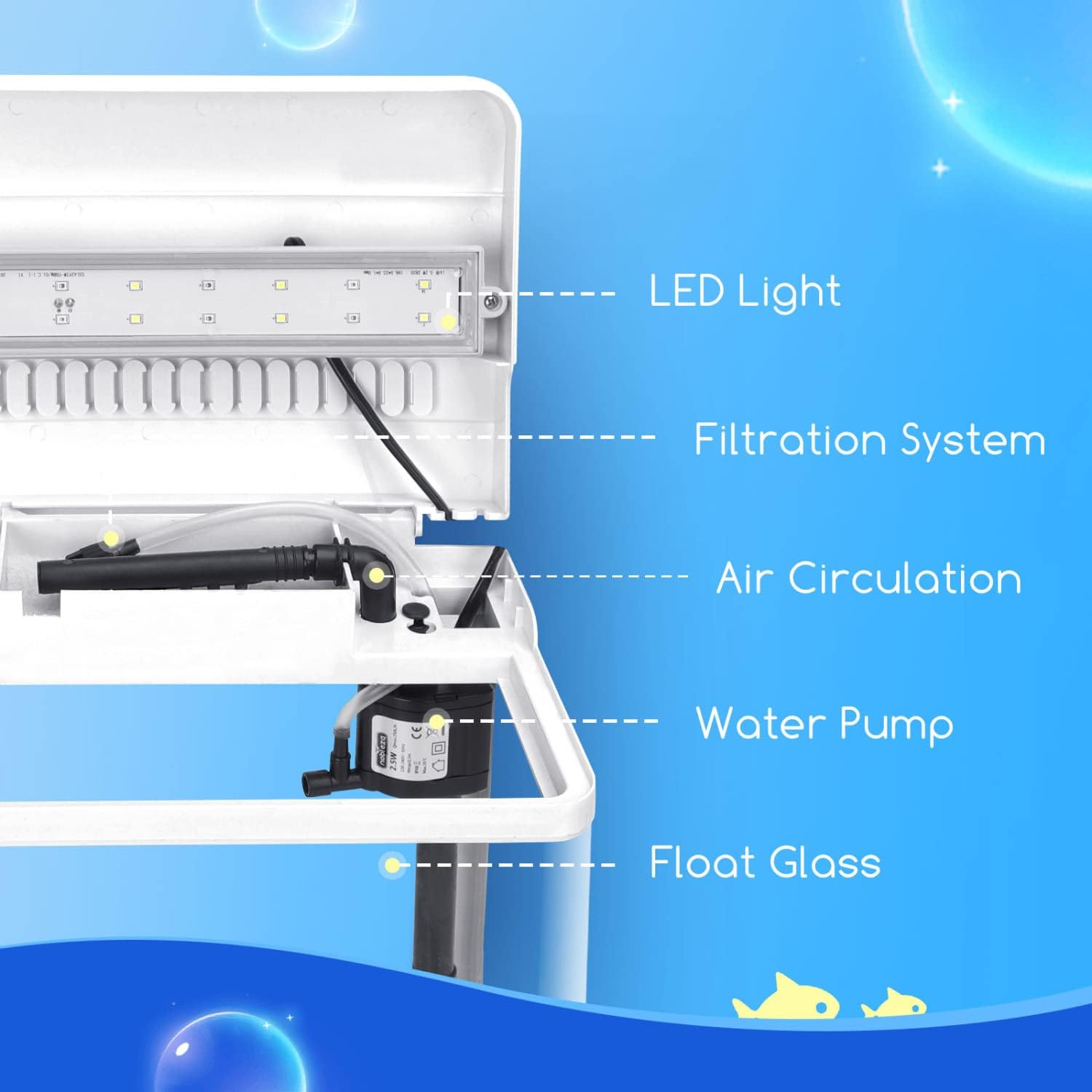 Nobleza - Aquariumaquarium met ledlampen en filtersysteem, tropische aquaria, 7 liter, wit •