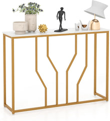 COSTWAY Consoletafel, entreetafel, smalle marmerlook, salontafel met geometrisch metalen frame, bijzettafel goud + wit, 110 x 30 x 80 cm, voor woonkamer, hal, entree