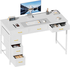 HLDIRECT Bureau met 6 lades, stof, 120 x 50 cm, computerbureau met opbergruimte, computerbureau voor thuiskantoren, slaapkamers, woonkamers, wit