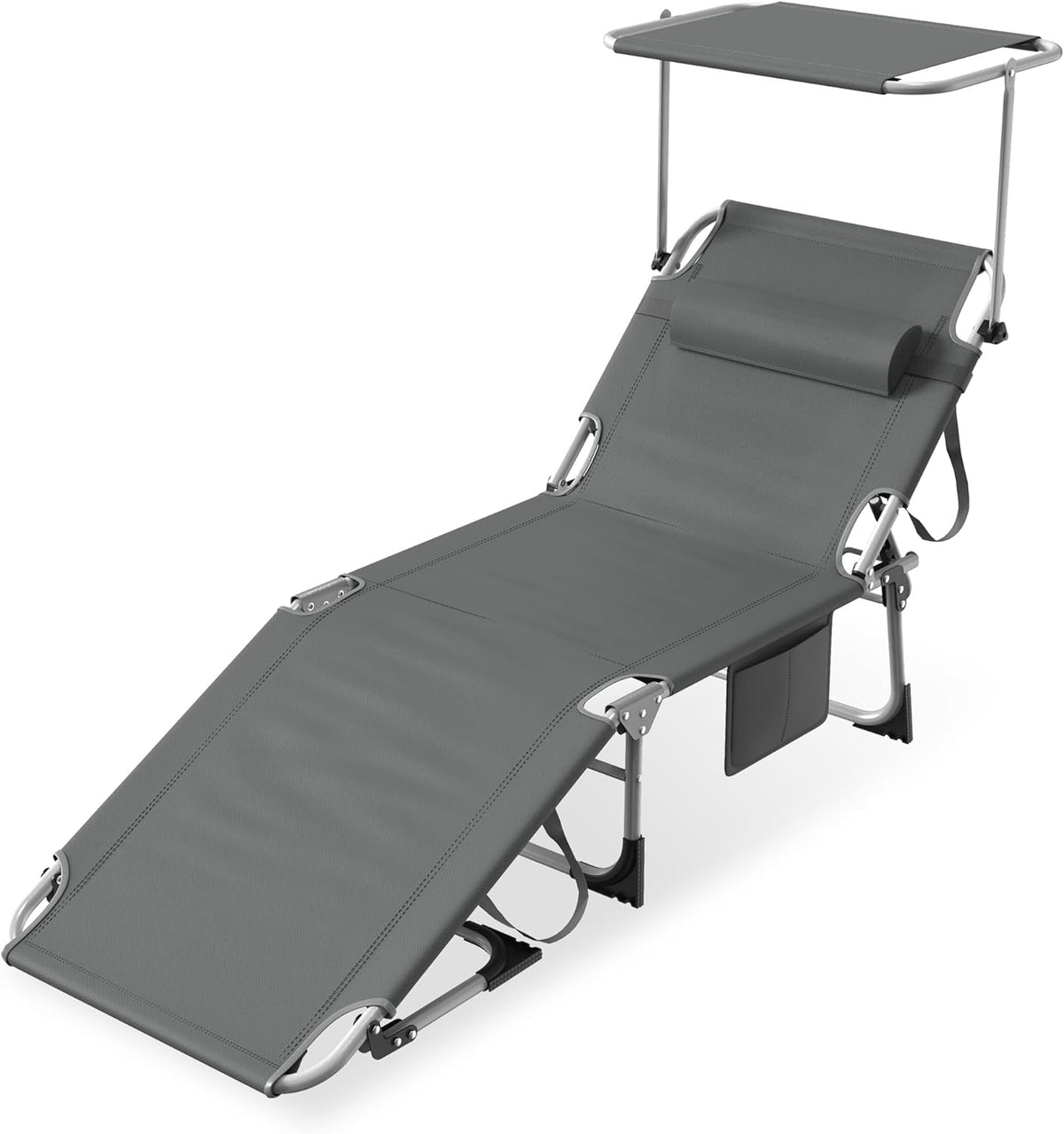 AufuN Zonneligstoel, inklapbaar met dak en zijvak, 195 x 68 cm, weerbestendige ligstoel, stabiele strandstoel, zonwering en verstelbare rugleuning, tot 150 kg, ideaal voor terras, camping, antraciet