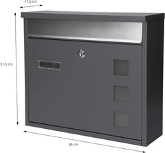 ECD Germany Brievenbus met naamplaatje en kijkvenster, 36 x 31,5 x 11,5 cm, antraciet-zilver, gepoedercoat roestvrij staal, afsluitbaar, 2 sleutels, moderne wandbrievenbus, design brievenbus •