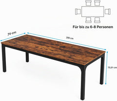 Tribesigns Eettafel, industriële keukentafel voor 6 - 8 personen, 200 x 70 x 75 cm, rechthoekige eettafel met robuuste metalen poten, voor eetkamer, keuken, woonkamer, rustiek bruin