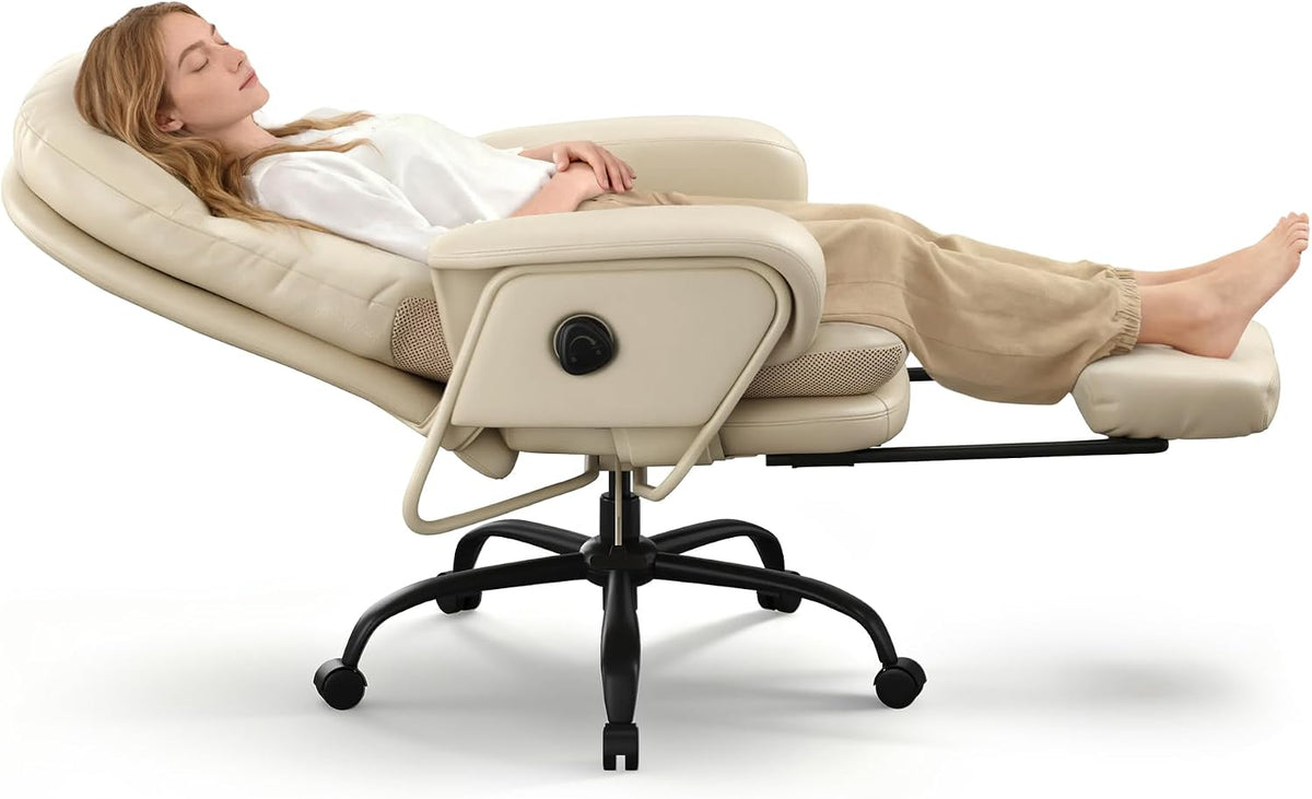 FLEXISPOT 180° verstelbare bureaustoel met voetensteun, 160° ligfunctie, kattenkrasbestendig kunstleer, ideaal voor werken, ontspannen en middagslaap, beige