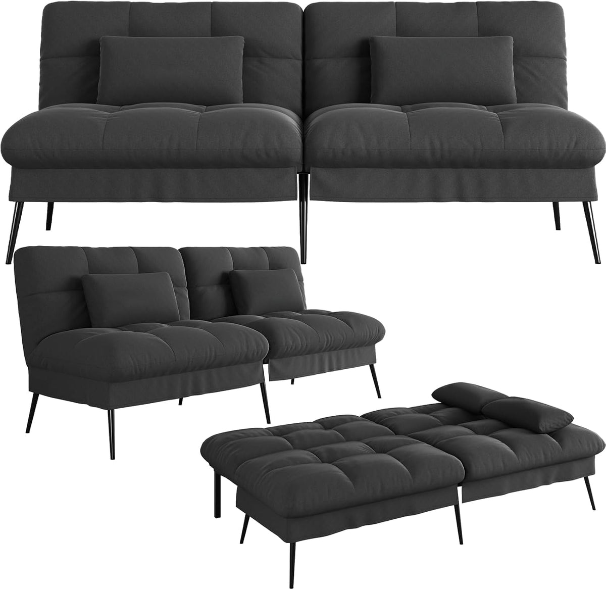 COMHOMA Futon Slaapbank met slaapfunctie, overtrek voor slaapbank, slaapbank, slaapbank, slaapbank, 3-zitsbank, met verstelbare rugleuning van stof, zwart