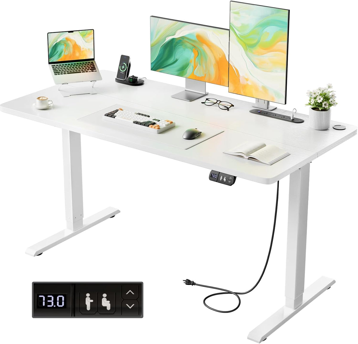 HLDIRECT Elektrisch staand bureau met stopcontacten, 100x60cm, wit, 60kg