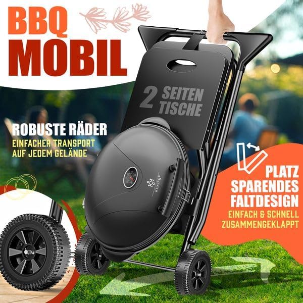 Kesser Tafelbarbecue, elektrisch, 2-in-1, met deksel en voet, max. 2400 watt, inklapbaar, thermometer, antiaanbaklaag, grillplaat en tafelblad, 2 wielen, zwart, zwart