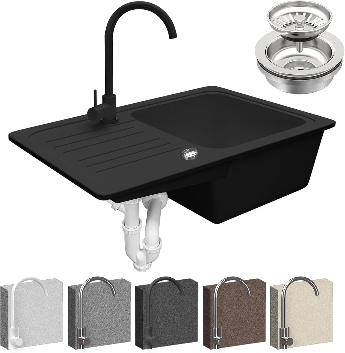 Aquamarin® Spoelbak - graniet, set, 76x46 cm/57x45cm, afvoergarnituur, kraan, afdruipvlak, rechthoekig, kleurkeuze - inbouwspoelbak, composietspoelbak, keukenspoelbak (zwart, model 2: 57 x 45 cm)