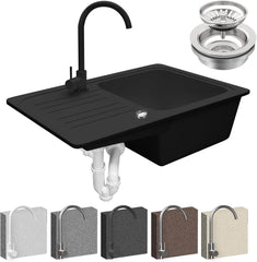 Aquamarin® Spoelbak - graniet, set, 76x46 cm/57x45cm, afvoergarnituur, kraan, afdruipvlak, rechthoekig, kleurkeuze - inbouwspoelbak, composietspoelbak, keukenspoelbak (zwart, model 2: 57 x 45 cm)