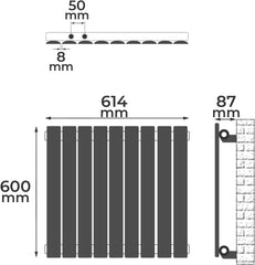 Aquamarin® Radiator - horizontaal, plat, 600x641x52 mm, enkele laag, 1/2 inch, 9 segmenten, staal, wit - badkamerradiator handdoekhouder, design platte radiator, verwarming, badkamer, badkamer