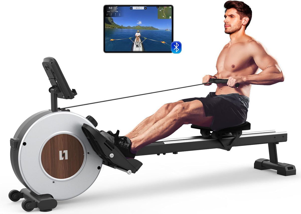 Roeimachine voor thuisgym, roeimachine met Bluetooth-app, magnetische roeimachine met 16 instelbare weerstandsniveaus, verbeterde dubbele glijrails, compacte roeimachine, lcd-monitor, verticaal opbergbaar