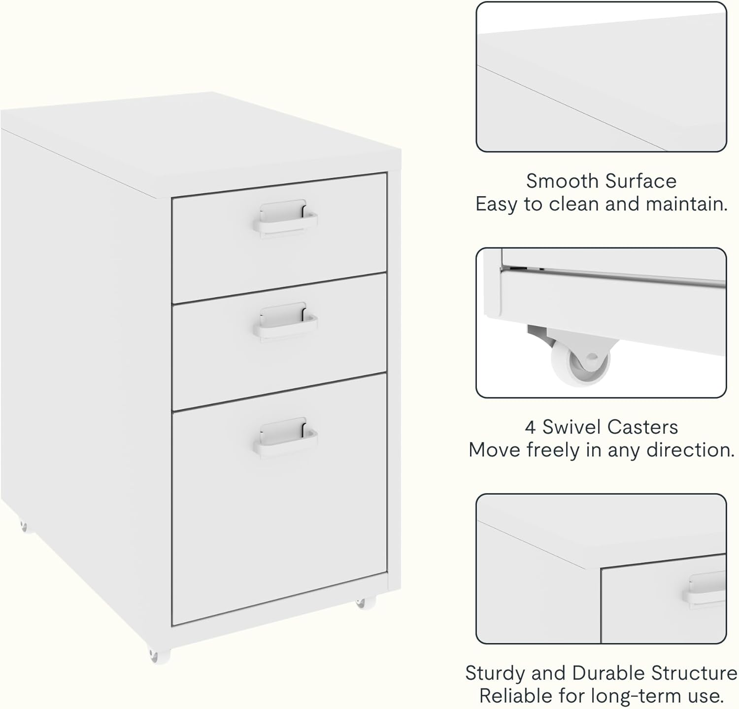 FLEXISPOT Rollcontainer, kantoorkast met 3 laden, archiefkast, metalen kast, commode met wielen, bureau, onderkast voor thuis en kantoor, wit