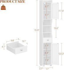 HEXCELEN Badkamerkast, Hoge Badkamerkast, Vrijstaande Vloerkast met 2 Deuren en 1 Lade, Toiletorganizer met Verstelbare Plank, 1 Haak voor Woonkamer, Keuken, Wit 480013X
