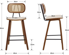 Wahson Barkruk, set van 2 rotan keukenkrukken met rugleuning, barstoel met massief houten poten, zitting van kunstleer, barkruk voor keukeneiland, beige