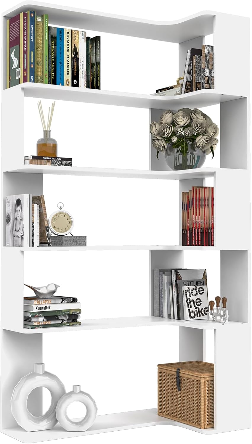 Boekenkast, hoekboekenkast met 5 niveaus, staand rek, kantoorplank, vrijstaand decoratief rek, voor presentatie, ruimteverdeler voor woonkamer, slaapkamer, kantoor, wit, 90 x 48 x 169 cm