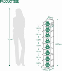 Hzuaneri SR04304B Verticaal schoenenrek, 8 verdiepingen, schoenentoren voor kleine ruimtes, vrijstaand, verstelbaar, ruimtebesparend, zwart
