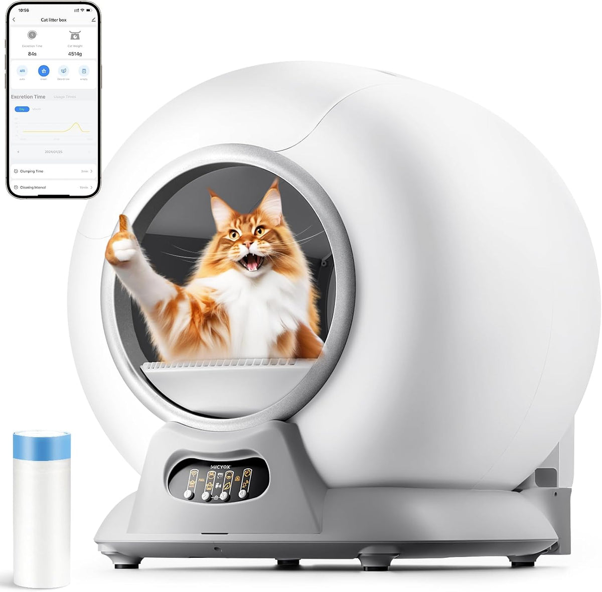 Zelfreinigend kattentoilet, extra 65 liter, afneembare zandcontrolebox, veilige alert, app-bediening, anti-pinch, geurisolerende kattenbak voor meerdere katten, wit