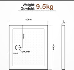 Aquamarin® Douchebak - 90 x 80 cm, supervlak, laag, antislip, rechthoekig, tot 250 kg belastbaar, acryl, wit - douchebak, douchebak, acrylbak