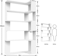 Boekenkast, hoekboekenkast met 5 niveaus, staand rek, kantoorplank, vrijstaand decoratief rek, voor presentatie, ruimteverdeler voor woonkamer, slaapkamer, kantoor, wit, 90 x 48 x 169 cm
